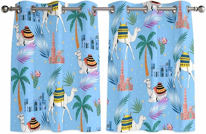 2 Panel Kitchen Cafe Curtains, Desert Landscape Sunlight Filtering Nature Air Through, Home Decor Window Covering Tier Curtains for Bedroom Living Room Cute Camels Palm Trees Houses Leaves Blue