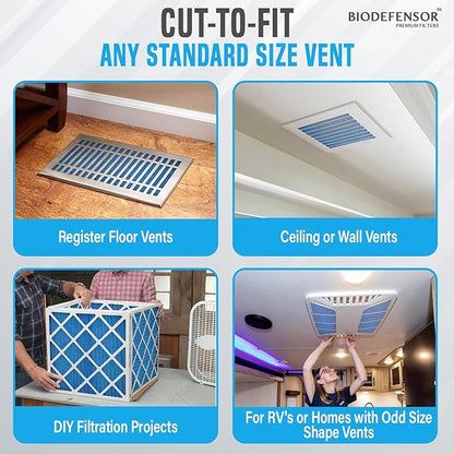 Biodefensor 20"x90" Air Vent Filters, Made in USA, MERV 6 High-Airflow, Cut to Size Material for Home Floor, Grilles, Ceiling, Wall HVAC Furnace Vents, Includes Adhesive Hook Tape, Prep Pad