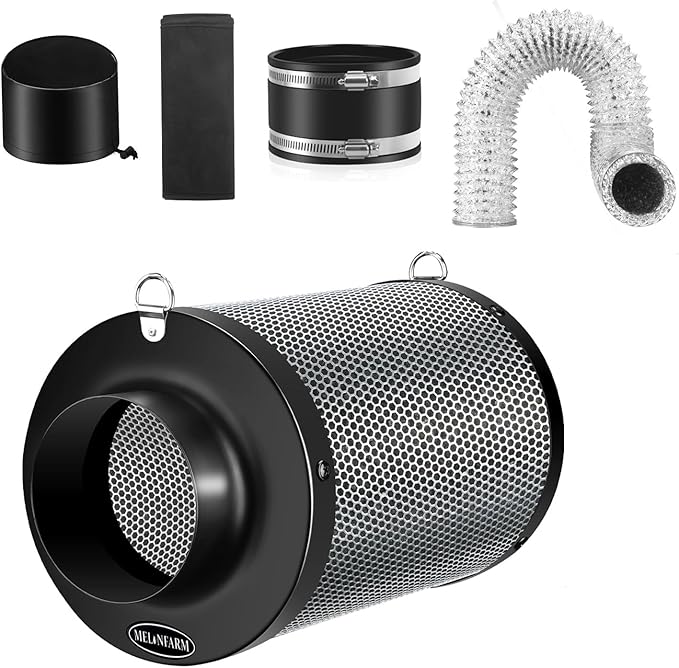 MELONFARM 4 Inch Air Carbon Filter Smelliness Control with Australia Virgin Charcoal, Odor Removal for Grow Tent, Inline Fan, 8' Ducting, Cooling & Vent Cover Included, Insulated Flange 4" x 11"