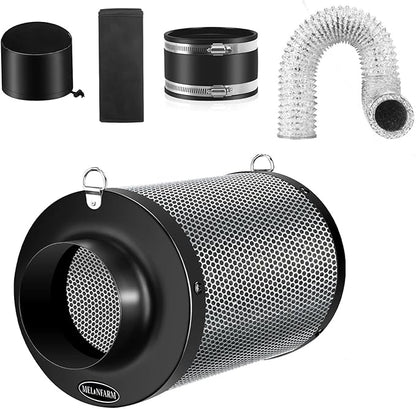 MELONFARM 4 Inch Air Carbon Filter Smelliness Control with Australia Virgin Charcoal, Odor Removal for Grow Tent, Inline Fan, 8' Ducting, Cooling & Vent Cover Included, Insulated Flange 4" x 11"
