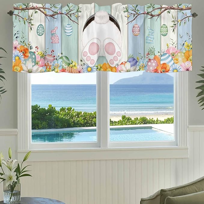 Easter Curtain Valances for Windows, Kitchen Valance Window Treatment, Spring Watercolor Bunny Eggs Wood Grain Teal Blue Light Filtering Block Curtains for Bathroom/Bedroom/Living Room 42'' x 12''