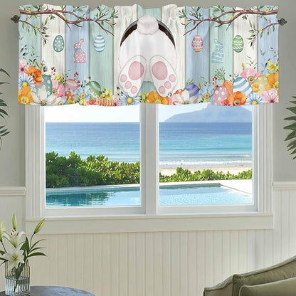 Easter Curtain Valances for Windows, Kitchen Valance Window Treatment, Spring Watercolor Bunny Eggs Wood Grain Teal Blue Light Filtering Block Curtains for Bathroom/Bedroom/Living Room 42'' x 12''