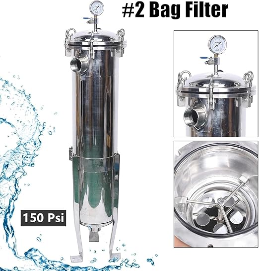 304 Stainless Steel Filter Bag Housing 150PSI Multi-Purpose Bag Filtering Equipment 2" NPT in/Out #2 Bag with Mesh Heavy Duty Industrial Fluid Filter
