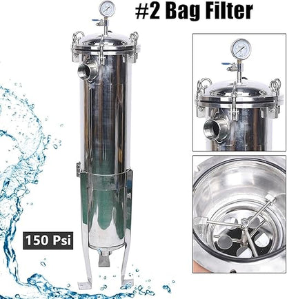 304 Stainless Steel Filter Bag Housing 150PSI Multi-Purpose Bag Filtering Equipment 2" NPT in/Out #2 Bag with Mesh Heavy Duty Industrial Fluid Filter