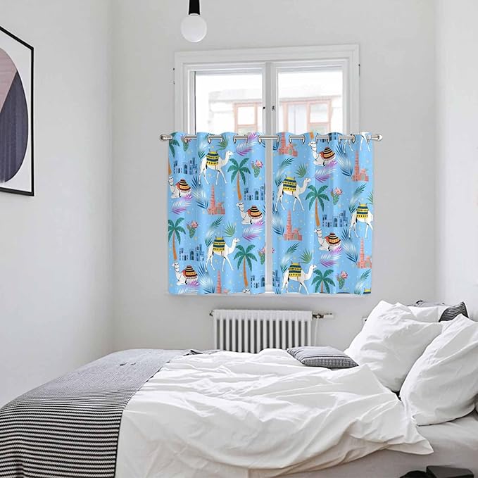 2 Panel Kitchen Cafe Curtains, Desert Landscape Sunlight Filtering Nature Air Through, Window Decor Tier Curtains for Living Room 104W x 63L inch Cute Camels Palm Trees Houses Leaves Blue