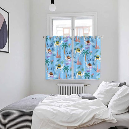 2 Panel Kitchen Cafe Curtains, Desert Landscape Sunlight Filtering Nature Air Through, Window Decor Tier Curtains for Living Room 104W x 63L inch Cute Camels Palm Trees Houses Leaves Blue