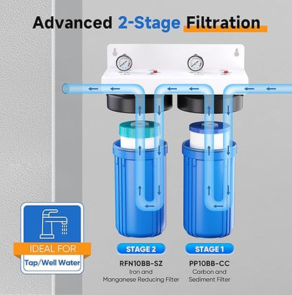 PUREPLUS 2-Stage Whole House Water Filtration System, Reduces Chlorine, Odor, Heavy Metals, Iron, Manganese, 10"x4.5" Housing, 1" Inlet/Outlet, PP Sediment & RFN Iron Filter, Pressure Gauges Included
