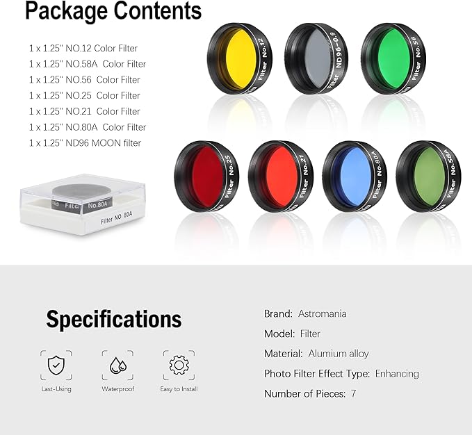 Astromania Telescope Filter Set for 1.25 Inch Eyepiece&Astronomical Telescopes, 7 Pcs Telescope Accessories Color Filter Kit Include Red Yellow Green Blue Moon Filters for Planetary Lunar Observation