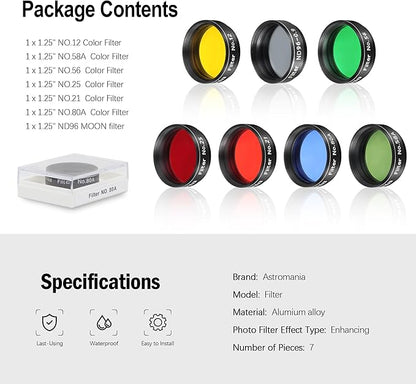 Astromania Telescope Filter Set for 1.25 Inch Eyepiece&Astronomical Telescopes, 7 Pcs Telescope Accessories Color Filter Kit Include Red Yellow Green Blue Moon Filters for Planetary Lunar Observation