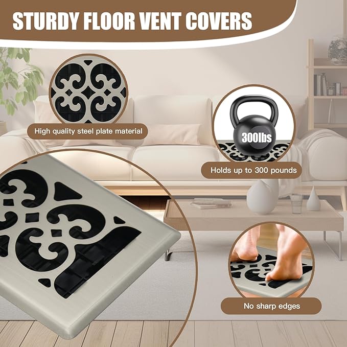 Floor Vents Register Decorative Floor Vent for Home Heavy Duty Walkable Steel Brushed Nickel Color 4x12 Inch Air Heat Vent Grilles Easy Adjust Air Supply Lever