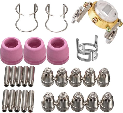 27 Pcs AG60P AG-60 Plasma Cutter Torch Consumables Kit with Roller Guide Wheel Spacer, Nozzles, Electrodes, Ceramic Cups, for Multiple Pilot Arc Plasma Cutters (SG-55/WSD-60 Compatible)