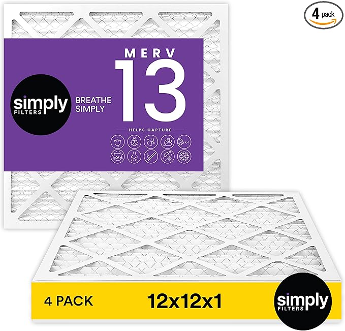 Simply 12x12x1 Air Filter, Merv 13, 4 Pack, For Home AC Furnace & HVAC (Actual Size: 11.75"x11.75"x0.75") DUST, Pet, & Allergy Control