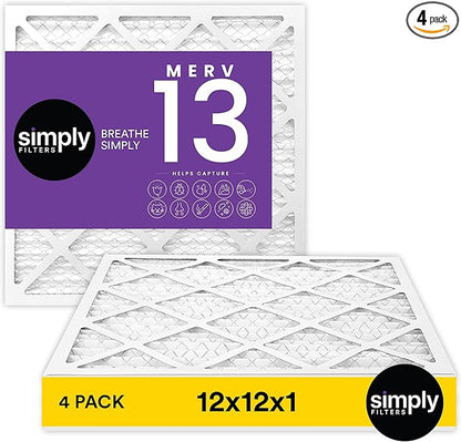 Simply 12x12x1 Air Filter, Merv 13, 4 Pack, For Home AC Furnace & HVAC (Actual Size: 11.75"x11.75"x0.75") DUST, Pet, & Allergy Control