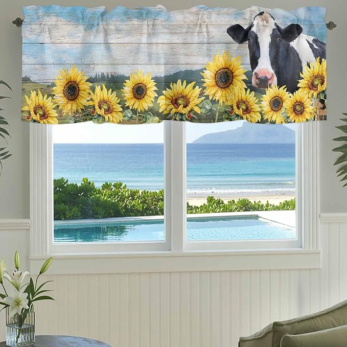 Cow Sunflowers Curtain Valances for Windows, Kitchen Valance Window Treatment, Farmhouse Animal Blue Sky Wooden Grain Light Filtering Block Curtains for Bathroom/Bedroom/Living Room 42'' x 18''