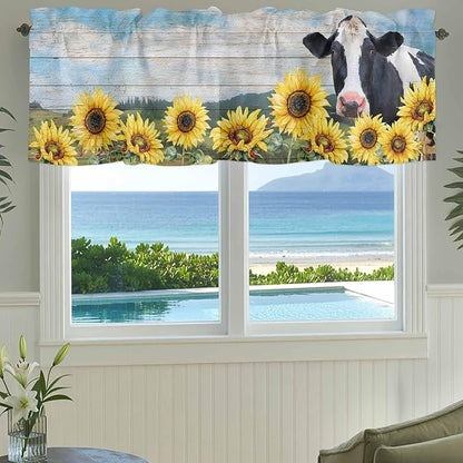 Cow Sunflowers Curtain Valances for Windows, Kitchen Valance Window Treatment, Farmhouse Animal Blue Sky Wooden Grain Light Filtering Block Curtains for Bathroom/Bedroom/Living Room 42'' x 18''