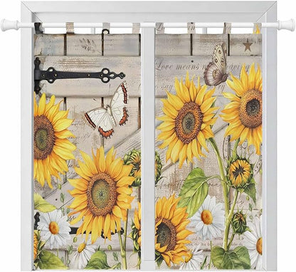 Farm Flowers Living Room Curtains 84 Inch Length, Window Curtains Tab Top, Retro Sunflowers Barn Doors Butterfly Wood Board Light Filtering Window Treatments Drapes 42"x84" 2 Panel