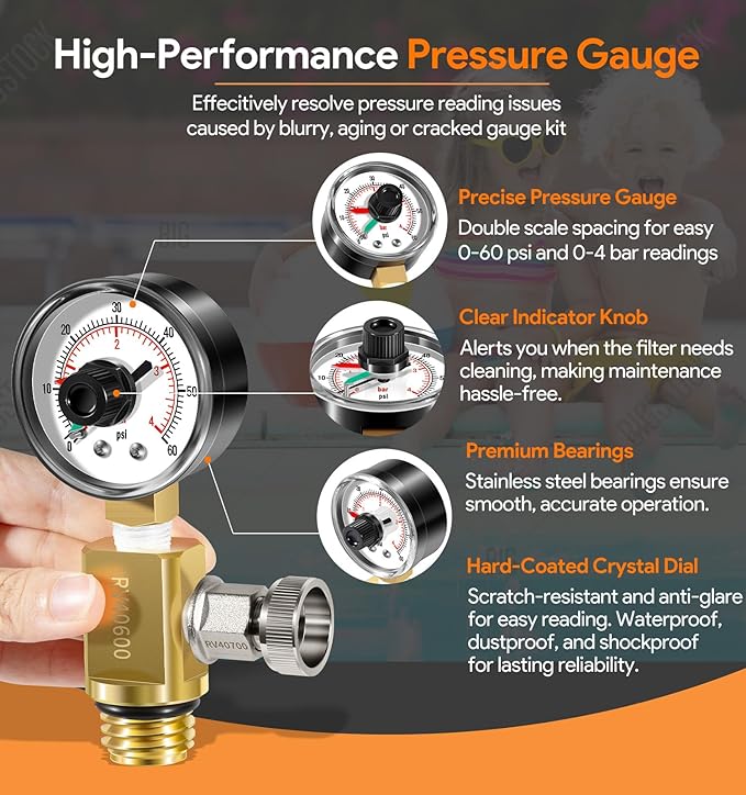RV40600 98209800 Brass Air Relief Valve with Pressure Gauge, Air Release Valve Replacement Parts For All FNS, FNS Plus, Clean and Clear, Quad DE, Predator, 4000 Series, EasyClean, Warrior Pool Filter
