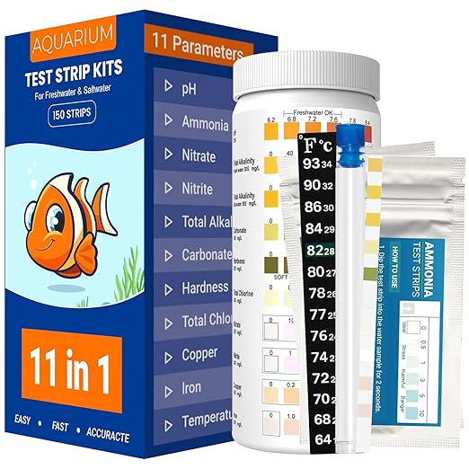Aquarium Test Kit |150 Strips | Aquarium Test Strips 11-in-1 | Quick Accurate Freshwater&Saltwater Fish Tank Water Test Testing Kit for Ammonia,pH,Nitrate,Nitrite,Hardness,Chlorine,Carbonate
