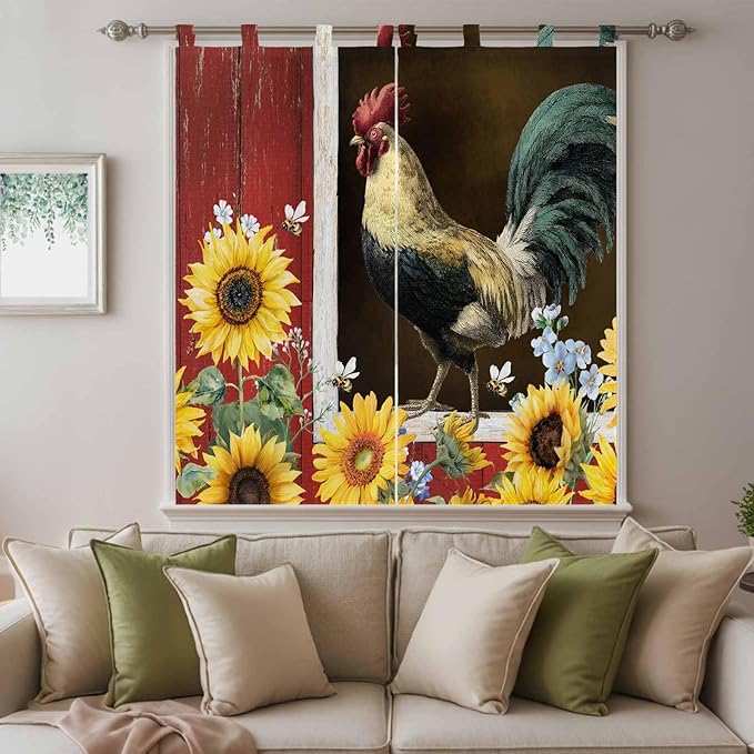 Chicken Sunflowers Bedroom Curtains 72 Inch Length, Window Curtains Tab Top, Farmhouse Animals Red Barn Bees Light Filtering Window Treatments Drapes 52"x72" 2 Panel