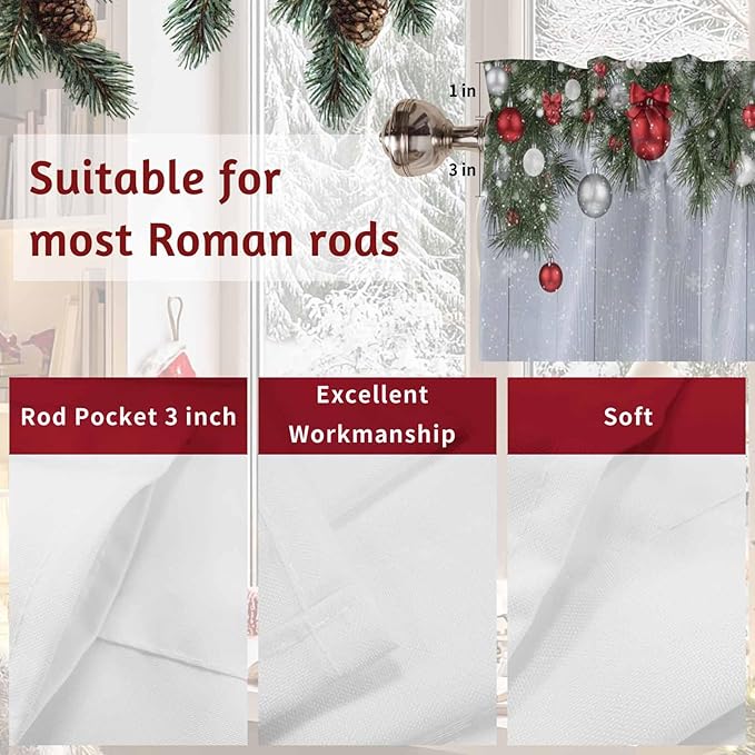 Christmas Curtain Valances for Windows, Kitchen Valance Window Treatment, Winter Xmas Balls Pine Branches Wooden Grain Light Filtering Block Curtains for Bathroom/Bedroom/Living Room 54'' x 18''