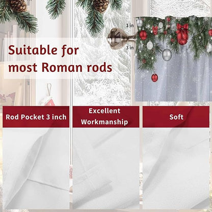 Christmas Curtain Valances for Windows, Kitchen Valance Window Treatment, Winter Xmas Balls Pine Branches Wooden Grain Light Filtering Block Curtains for Bathroom/Bedroom/Living Room 54'' x 18''