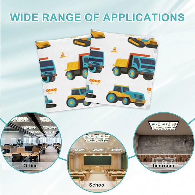 6 Pcs Fluorescent Light Covers for Ceiling Lights Seamless Construction Vehicles Cranes Excavators Trucks Bulldozers Decorative Magnets Light Filters for Office Home Classroom Must Haves 4’ x 2’
