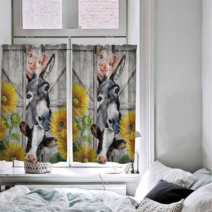 Farmhouse Kitchen Curtains 45 Inches length, Vintage Sunflowers Animals Printed Wood Grain Window Treatment Curtain Drapes, Lightweight Window Panels for Living Room Bedroom, 52"x45", 2 Panels