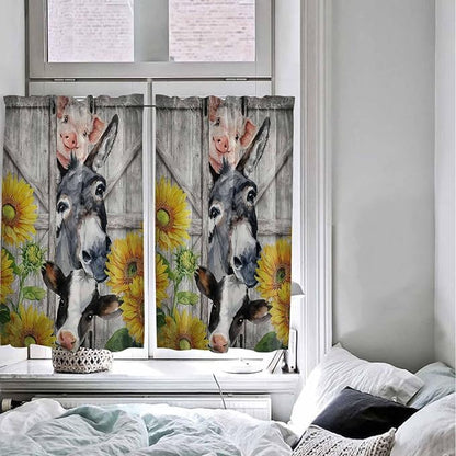 Farmhouse Kitchen Curtains 45 Inches length, Vintage Sunflowers Animals Printed Wood Grain Window Treatment Curtain Drapes, Lightweight Window Panels for Living Room Bedroom, 52"x45", 2 Panels