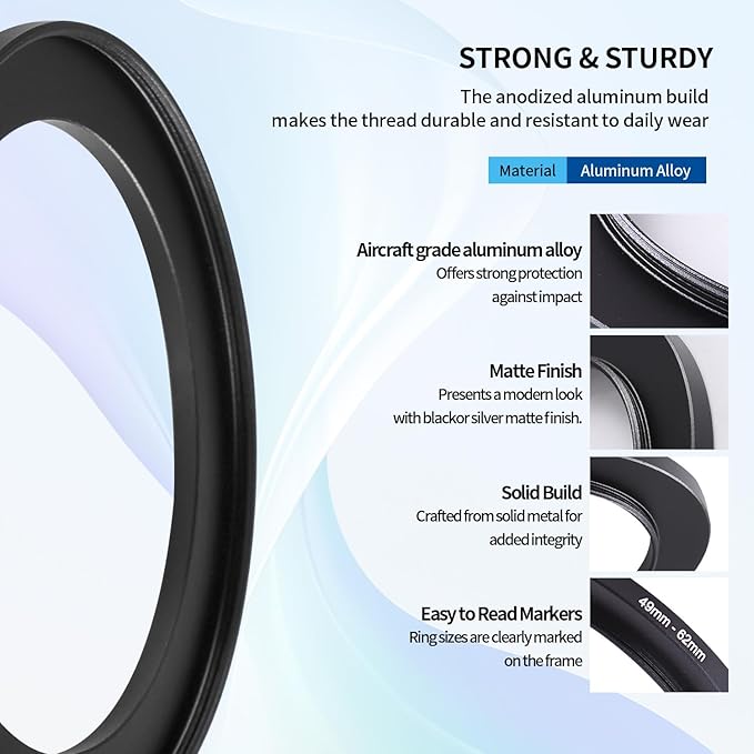 49-62mm Step-Up Ring Adapter, 49mm to 62mm Step Up Filter Ring for 49mm Lens Mount 62mm for DSLR Lenses and ND UV CPL IR Filters （49-62mm）