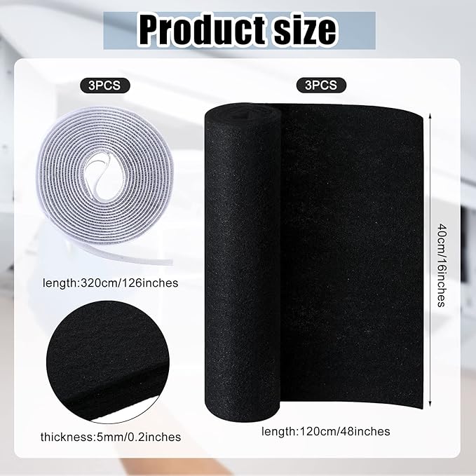 3 Pack Cut to Fit Carbon Pad Pre Filter Roll 16'' x 48'' with 3 Roll 126'' Tape for Air Purifiers Furnace Filters and AirConditioner Filters Cut to Fit Carbon Pad Removing Odor VOC