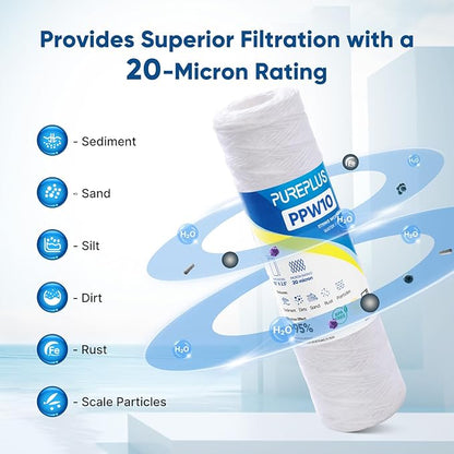 PUREPLUS 20 Micron 10"x2.5" Whole House String Wound Sediment Filter for Well Water, Replacement Cartridge for Universal 10 inch RO System, WP-5, Aqua-Pure AP110, CFS110, Culligan P5,WFPFC4002, 6Pack