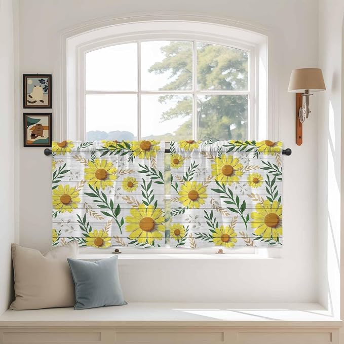 Yellow Daisy Tier Curtains, Farmhouse Country Flower Leaf Plant Wood Grain Light Filtering Kitchen Curtains, 2Pcs Rod Pocket Half Window Treatments Panels for Sink Cafe Cabinet Camper 27.5x36 Inches