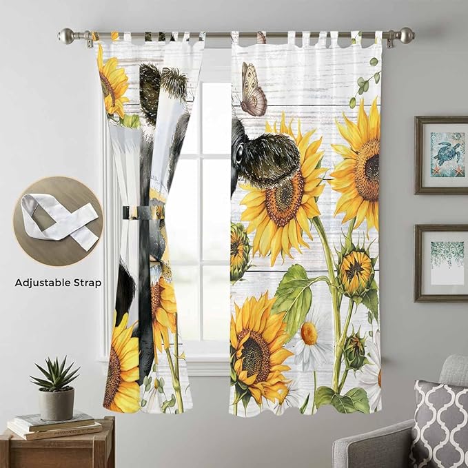 Retro Farmhouse Floral Living Room Curtains 96 Inch Length, Window Curtains Tab Top, Yellow Sunflowers Cows Butterfly Wood Light Filtering Window Treatments Drapes 52"x96" 2 Panel