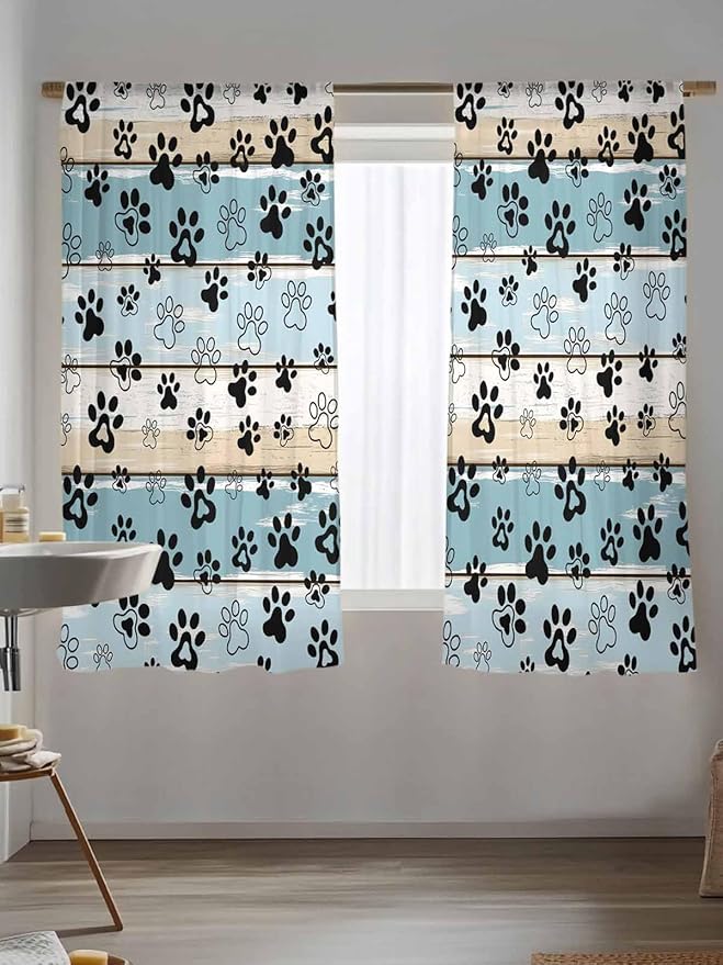 Sheer Curtains 63 Inch Length, Blue Beige Paw Print Semi Sheer Curtains Light Filtering Window Treatment, Vintage Farmhouse Country Wood Grain Privacy Voile Drapes for Living Room Bedroom 52x63 Inch
