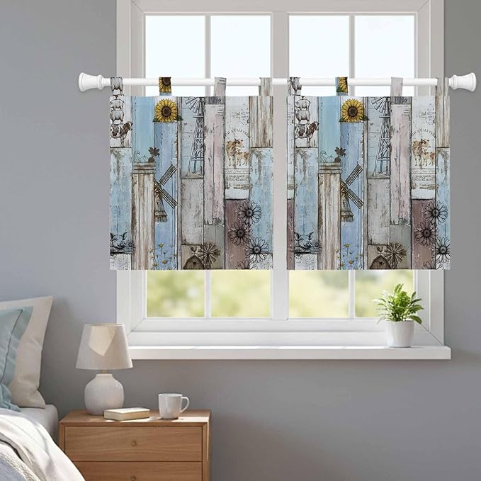 Blue Grey Wooden Kitchen Curtains 36 Inch Length, Small Window Curtains Tab Top, Farmhouse Barn Sunflowers Retro Light Filtering Short Window Treatments Tier Drapes 27.5"x36" 2 Panel