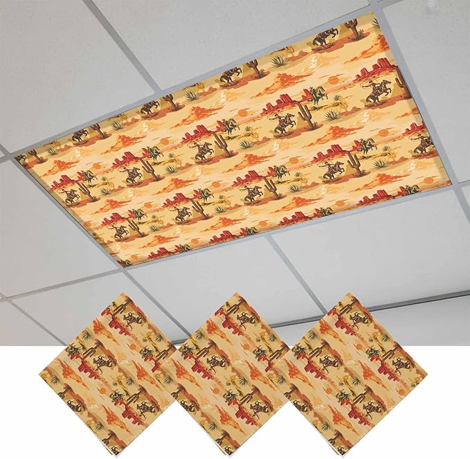 Tropical Plant Cactus Fluorescent Light Covers 3 Pack Western Cowboy Horse Sunset Desert Ethnic Magnetic Fluorescent Ceiling Lights Filters for Office Classroom Home Drop Ceiling 4x2 Feet