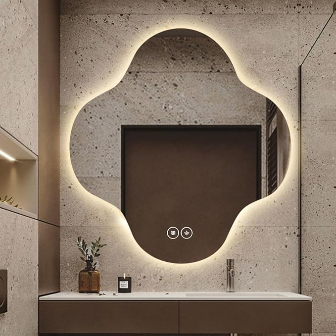 Irregular Bathroom Mirror with LED Light, Wall Mounted Mirror with Demister Pad, 3-Color Dimmable LED Light, for Wall, Living Room, Bedroom, Vanity, Entryway(80cm/31.5in)
