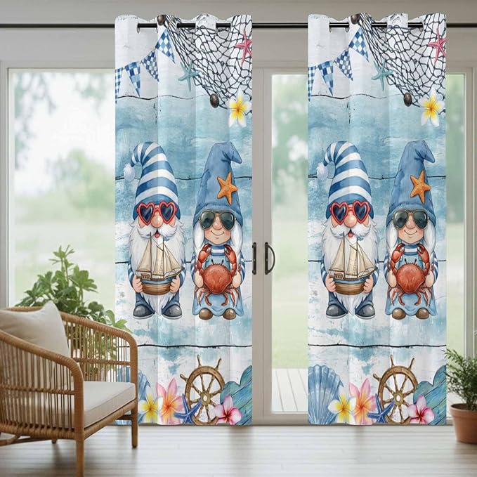 Ocean Gnome Outdoor Curtains for Patio Summer Marine Plumeria Shell Wood Blue Waterproof Outside Curtains with Grommet Top Weatherproof Curtain for Cabana Pergola Gazebo, 1 Panel, 54" W x 95" L