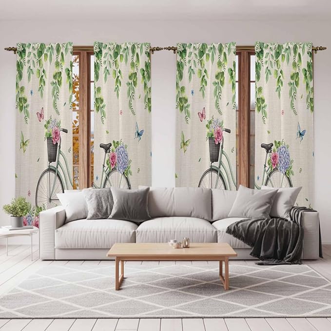 Farmhouse Spring Kitchen Curtains, Retro Bicycles Flowers Vines Butterfly Light Filtering Window Curtain Panels, 2Pcs Rod Pocket Window Treatments Set for Living Room Bathroom Bedroom 52x72 Inches