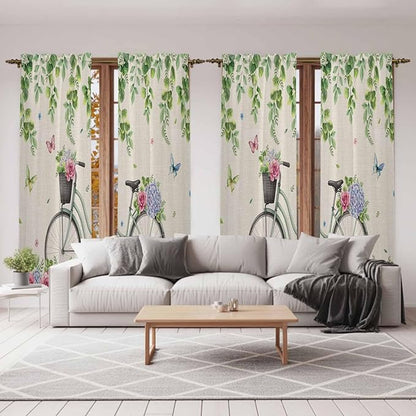 Farmhouse Spring Kitchen Curtains, Retro Bicycles Flowers Vines Butterfly Light Filtering Window Curtain Panels, 2Pcs Rod Pocket Window Treatments Set for Living Room Bathroom Bedroom 52x72 Inches