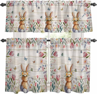 Kitchen Curtains Tiers and Valance Set of 3, Easter Light Filtering Window Curtain Set, Spring Bunny Butterfly Botanical Wooden Grain Rod Pocket Curtain Drapes for Cafe, Living Room, 36 Inches Tiers