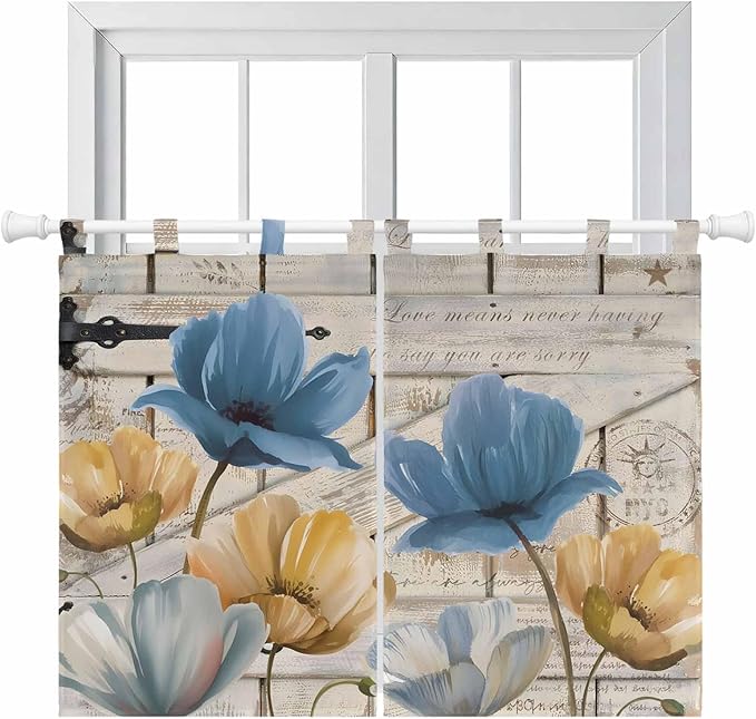 Blue Yellow Tulips Bedroom Curtains 63 Inch Length, Window Curtains Tab Top, Retro Farmhouse Flower Barn Doors Wooden Light Filtering Window Treatments Drapes 42"x63" 2 Panel
