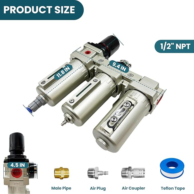 Upgraded 1/2" NPT Heavy Duty Industrial Grade 3 Stage Air Drying System, Particulate Filter, Coalescing Filter, Desiccant Dryer & Air Regulator - for Plasma Cutter, Paint Spray（Auto Drain）
