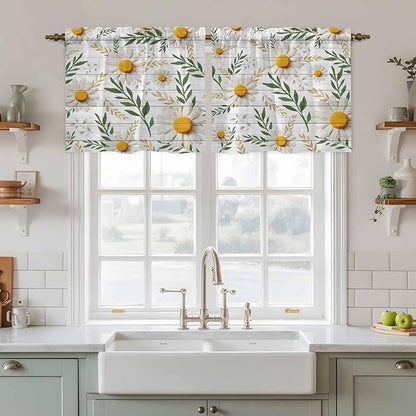 Spring Daisy Tier Curtains, Farmhouse Country Flower Leaf Plant Wood Grain Light Filtering Kitchen Curtains, 2Pcs Rod Pocket Half Window Treatments Panels for Sink Cafe Cabinet Camper 27.5x36 Inches