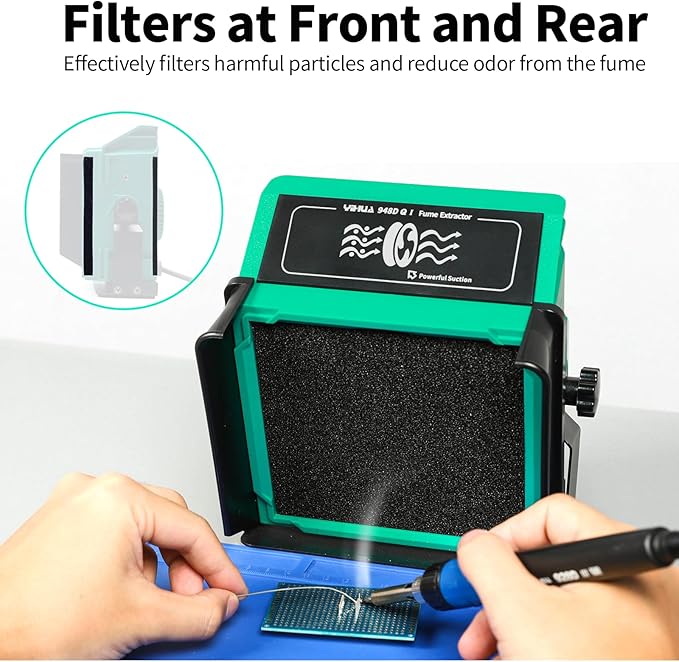 YIHUA 948DQ-I Solder Fume Extractor Fan Solder Smoke Absorber Remover Tiltable Angle with 8 Extra Fan Filters for Soldering Wood Burning and more