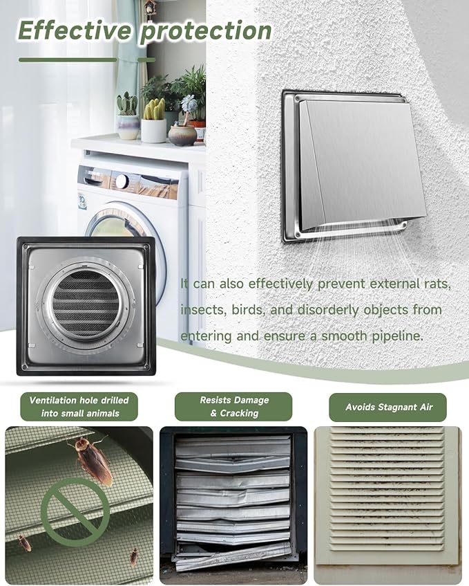 Upgraded 4" Stainless Steel 304 Dryer Vent Cover Outdoor - Rubber Cushioned Non-Return Flap (Noise Reduction) Air Vent with Built-in Fly Screen & 6 Screws for Bathroom Exhaust Vent Office Home