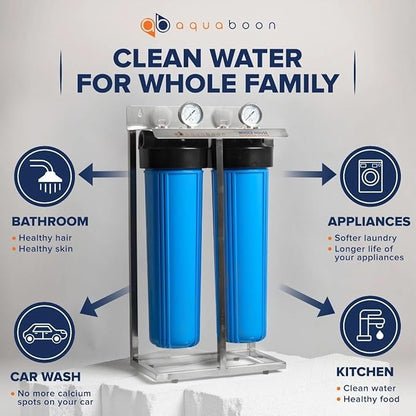 Aquaboon 2-Stage Whole House Water Filter System with Prefilter, 20x4.5 Iron & Manganese, Sediment Filters, Pressure Gauge & Release, Wrench, Freestanding Steel Frame
