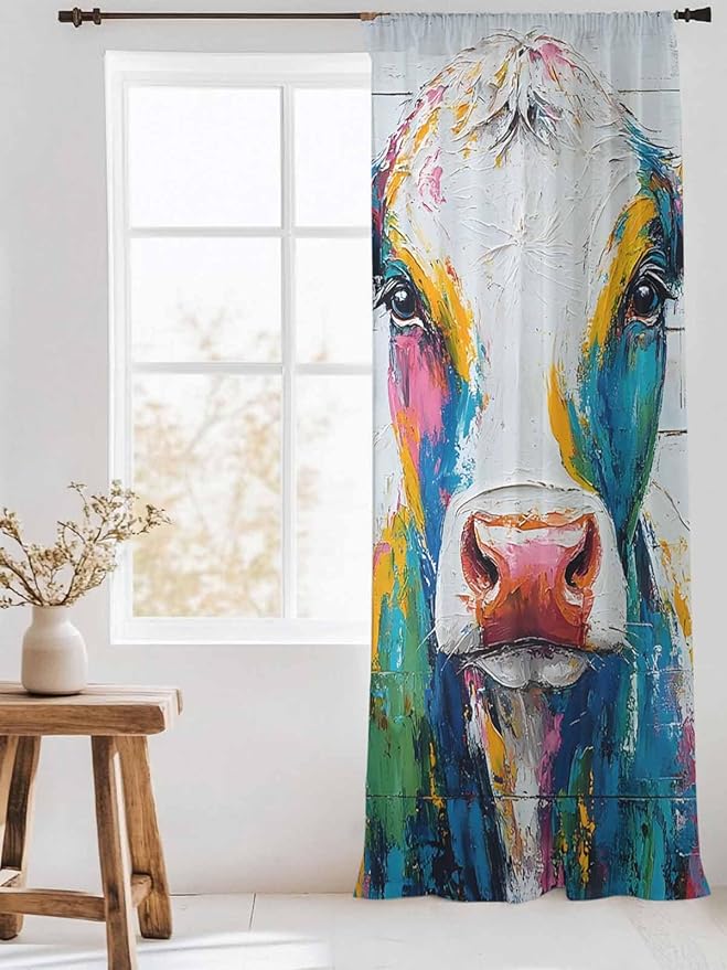 Sheer Curtains 96 Inches Long, Farmhouse Oil Painting Semi Sheer Curtains Light Filtering Window Treatment, Colorful Cow Animal Wooden Grain Privacy Voile Drapes for Living Room Bedroom 52x96 Inch