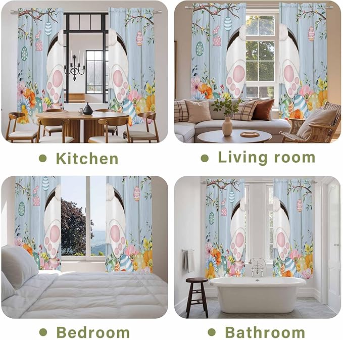 Easter Window Curtains 72 Inch Long 2 Panel Set,Rod Pocket Long Curtains & Drapes,Spring Watercolor Bunny Eggs Flower Wood Grain Blue Light Filtering Window Treatment for Bedroom 52"W x 72"L