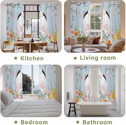 Easter Window Curtains 72 Inch Long 2 Panel Set,Rod Pocket Long Curtains & Drapes,Spring Watercolor Bunny Eggs Flower Wood Grain Blue Light Filtering Window Treatment for Bedroom 52"W x 72"L